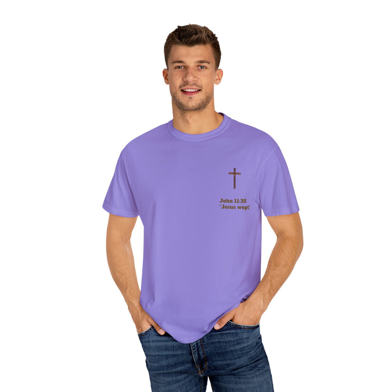 Jesus Wept Faith Tee – John 11:35 Verse with Sacred Heart Jesus Back Print”