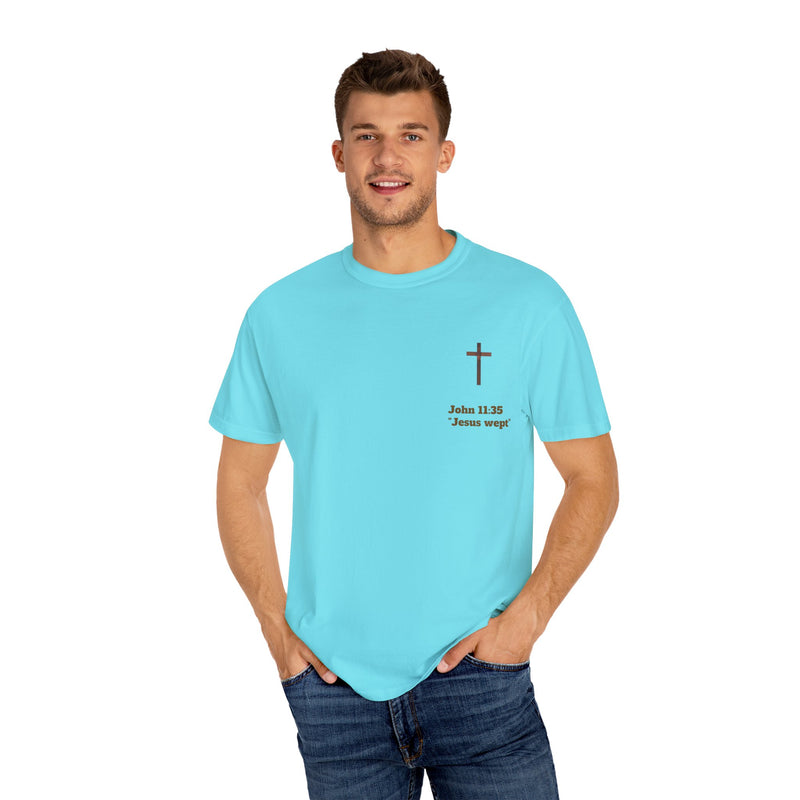 Jesus Wept Faith Tee – John 11:35 Verse with Sacred Heart Jesus Back Print”