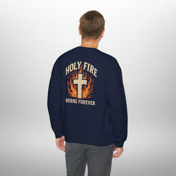 Holy Fire Crewneck Sweatshirt — Christian Cross Flames "Burns Forever"
