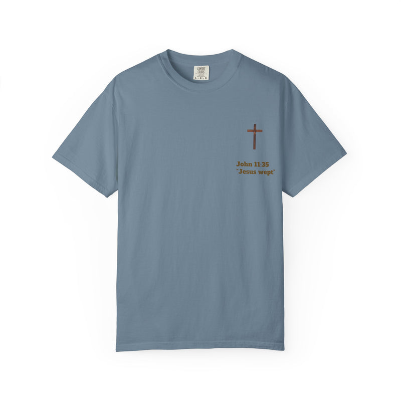 Jesus Wept Faith Tee – John 11:35 Verse with Sacred Heart Jesus Back Print”