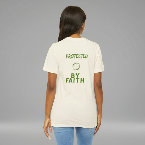 Person wearing a white t-shirt with 'PROTECTED BY FAITH' text on the back, standing against a white background.