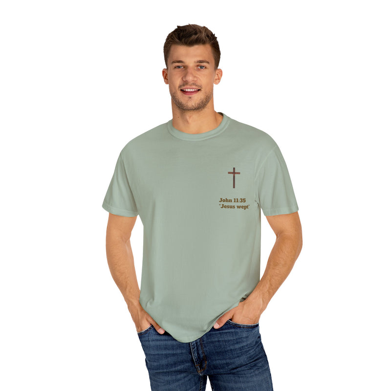 Jesus Wept Faith Tee – John 11:35 Verse with Sacred Heart Jesus Back Print”