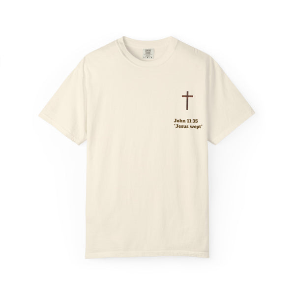 Jesus Wept Faith Tee – John 11:35 Verse with Sacred Heart Jesus Back Print”